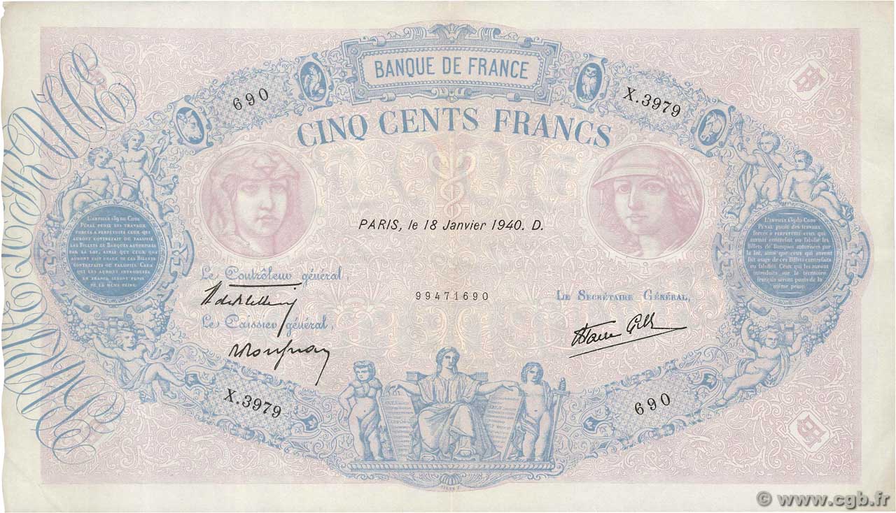 500 Francs BLEU ET ROSE modifié Grand numéro FRANCE  1940 F.31.57 TTB+