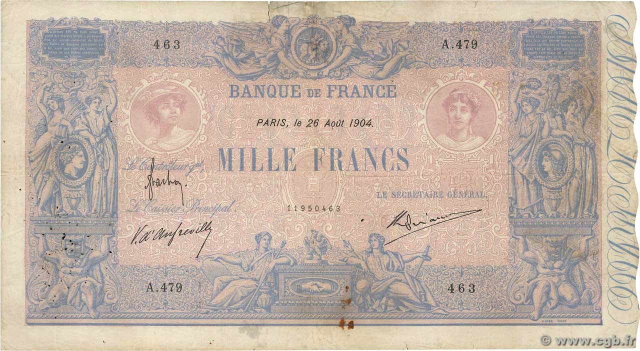 1000 Francs BLEU ET ROSE FRANCIA  1904 F.36.18 BC