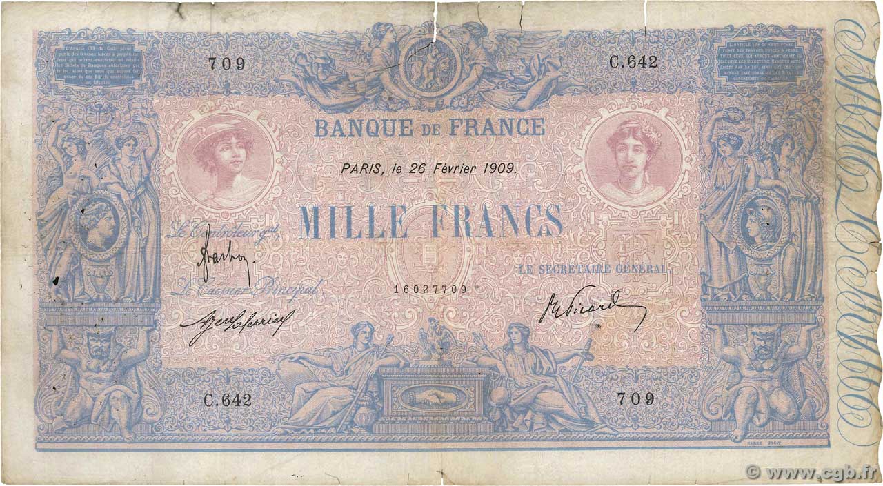 1000 Francs BLEU ET ROSE FRANCIA  1909 F.36.23 B