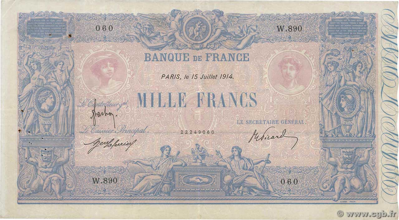 1000 Francs BLEU ET ROSE FRANCIA  1914 F.36.28 BB