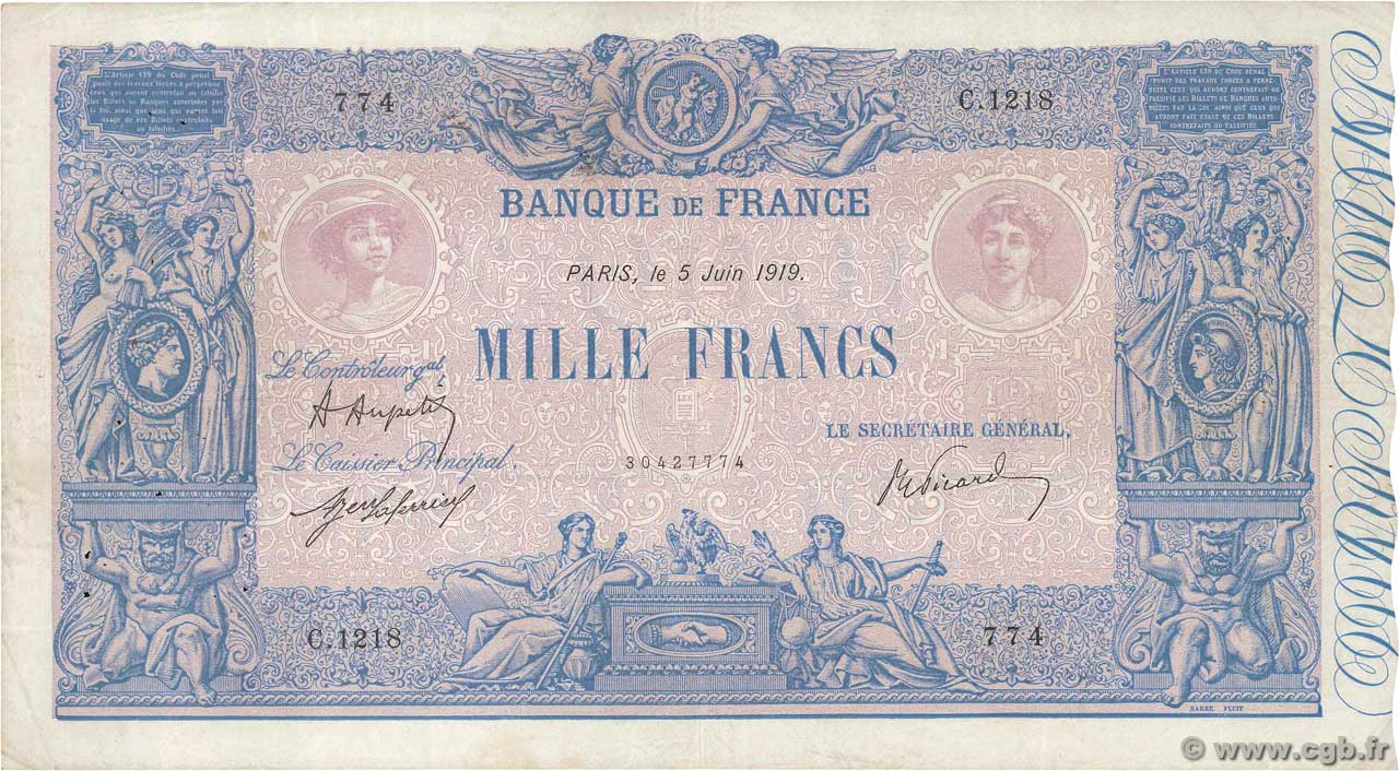 1000 Francs BLEU ET ROSE FRANKREICH  1919 F.36.34 fSS