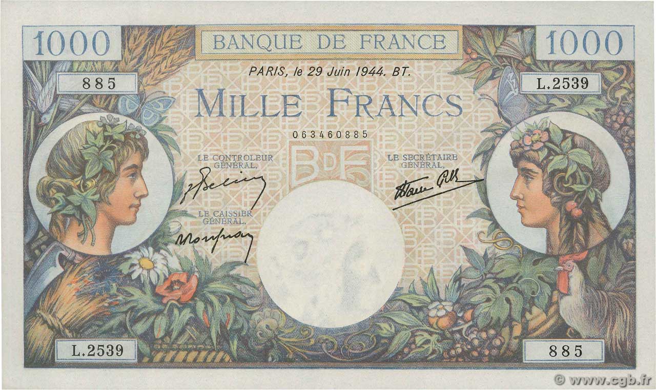 1000 Francs COMMERCE ET INDUSTRIE FRANCE  1944 F.39.09 SPL+
