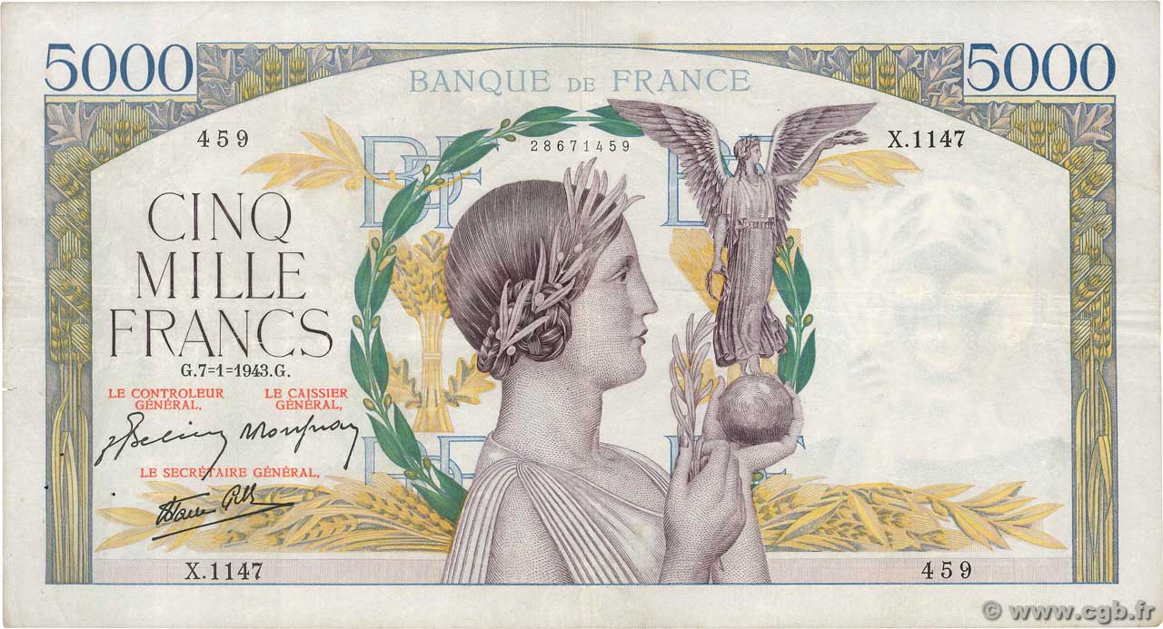 5000 Francs VICTOIRE Impression à plat FRANCE  1943 F.46.46 TTB