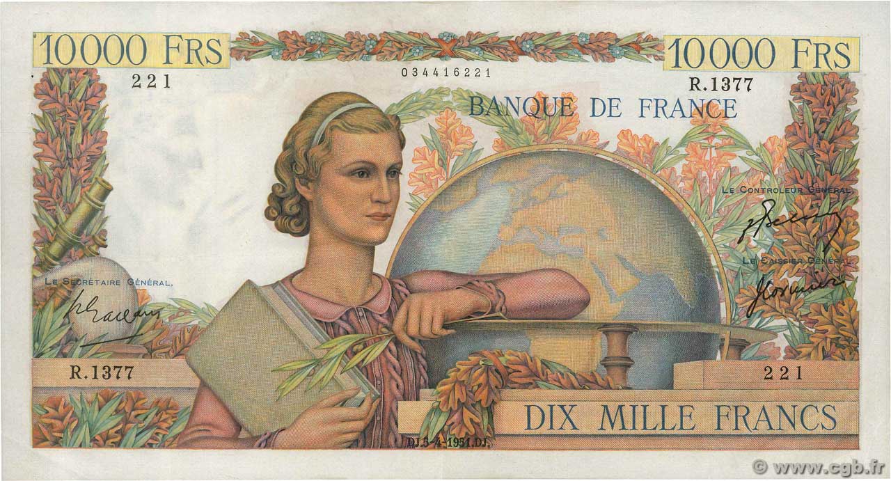 10000 Francs GÉNIE FRANÇAIS FRANCE  1951 F.50.49 VF+
