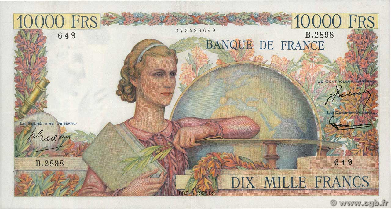10000 Francs GÉNIE FRANÇAIS FRANCE  1952 F.50.59 XF-