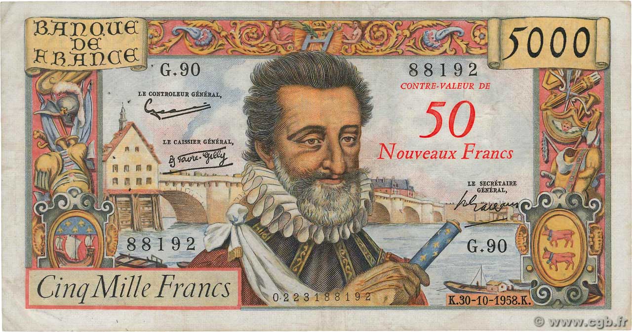 50 NF sur 5000 Francs HENRI IV FRANCIA  1958 F.54.01 BC+