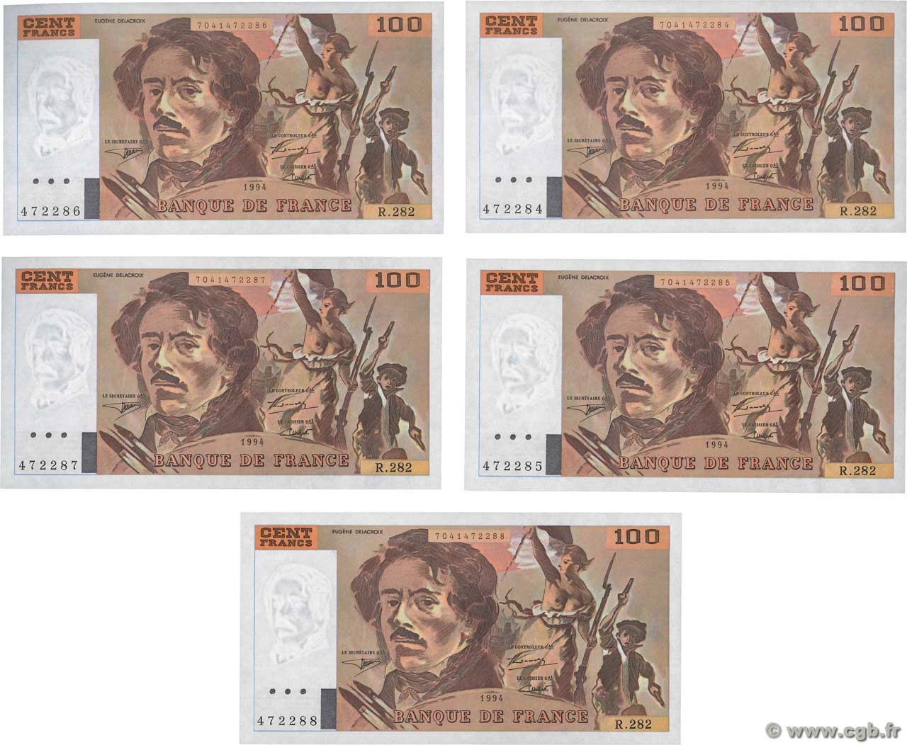 100 Francs DELACROIX 442-1 & 442-2 Consécutifs FRANCE  1994 F.69ter.01c UNC