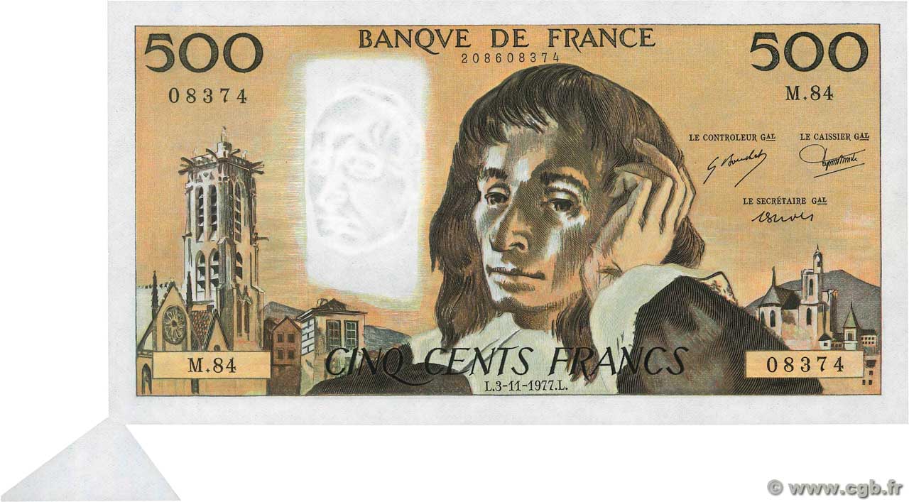 500 Francs PASCAL Fauté FRANCIA  1977 F.71.17 EBC a SC