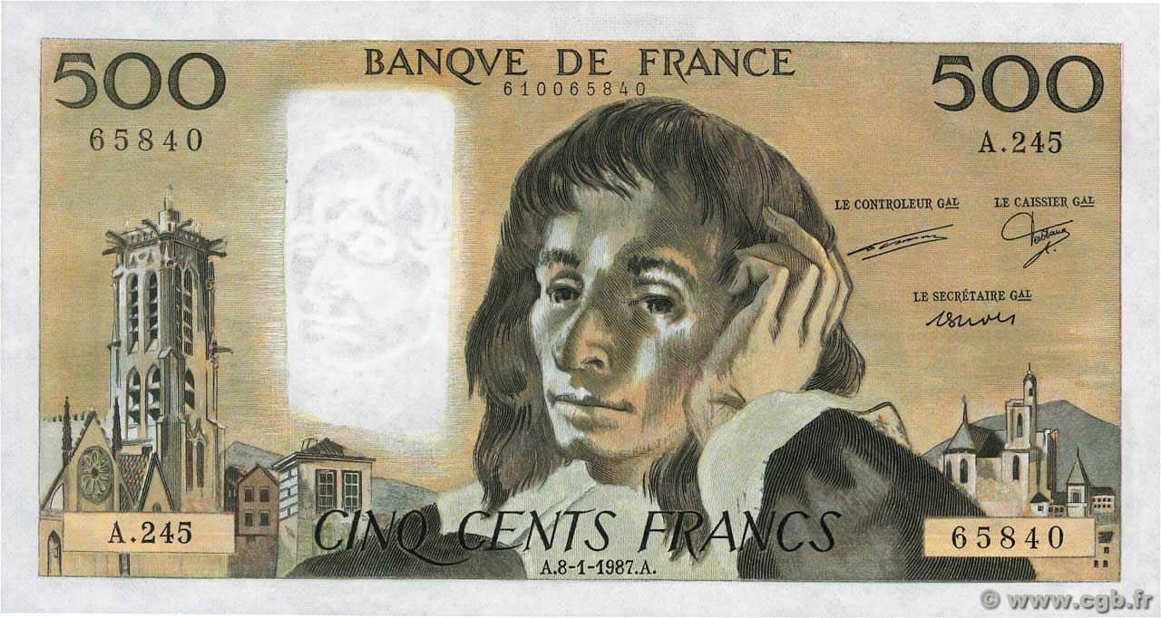 500 Francs PASCAL FRANCE  1987 F.71.35A245 UNC