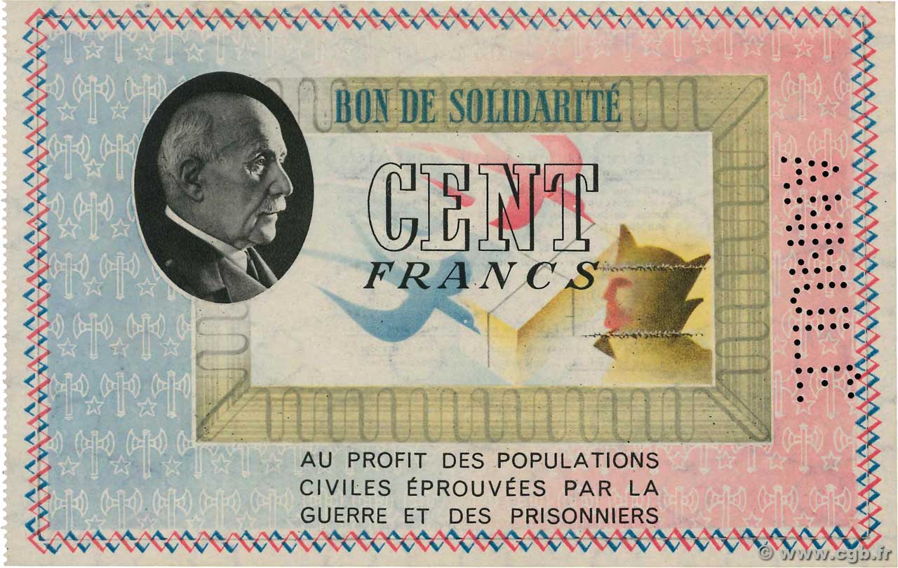100 Francs BON DE SOLIDARITÉ Annulé FRANCE regionalism and miscellaneous  1941 KL.10B UNC-