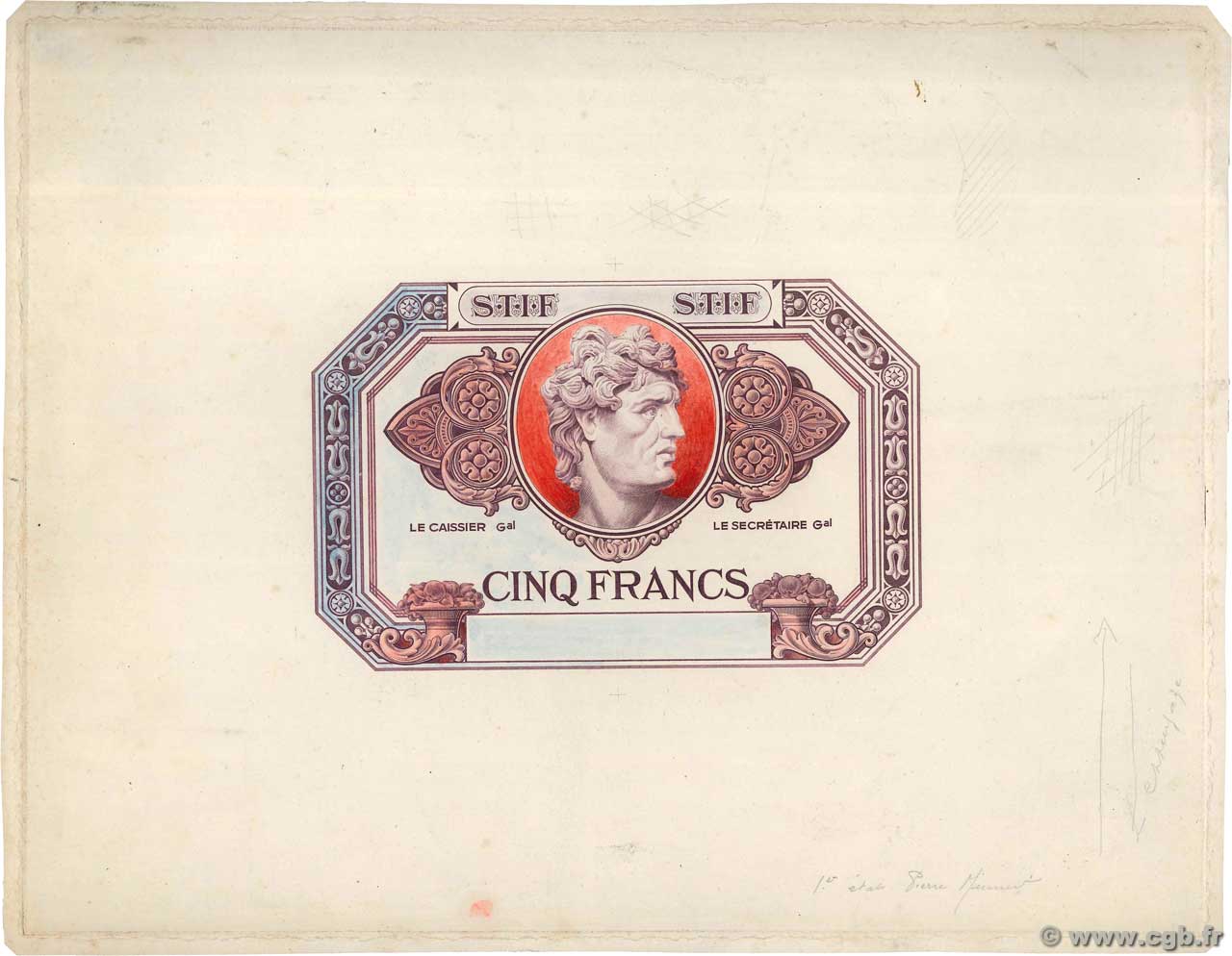 5 Francs essai STIF Épreuve FRANCE regionalism and miscellaneous  1930 F.- AU