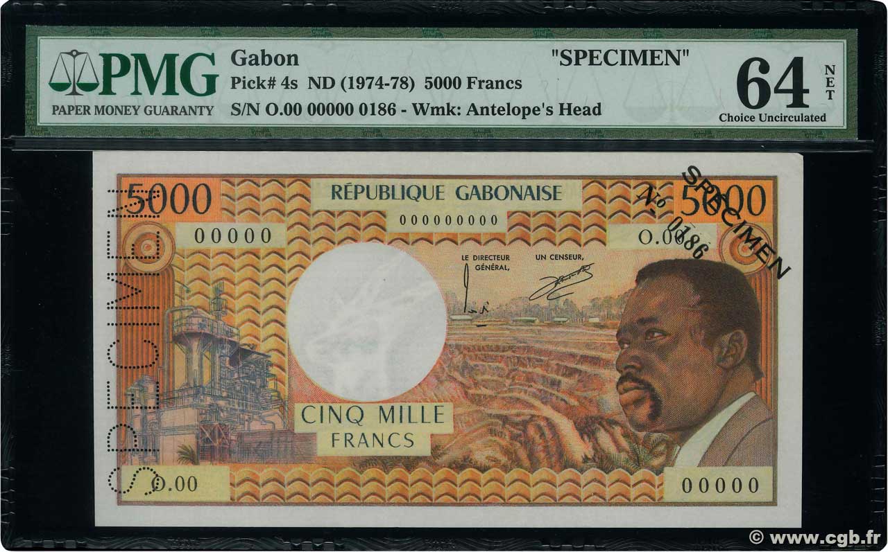 5000 Francs Spécimen GABUN  1974 P.04s fST+