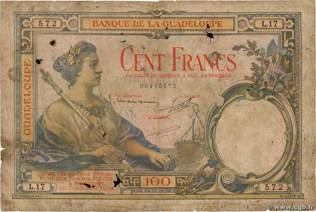 100 Francs GUADELOUPE  1934 P.16 q.B