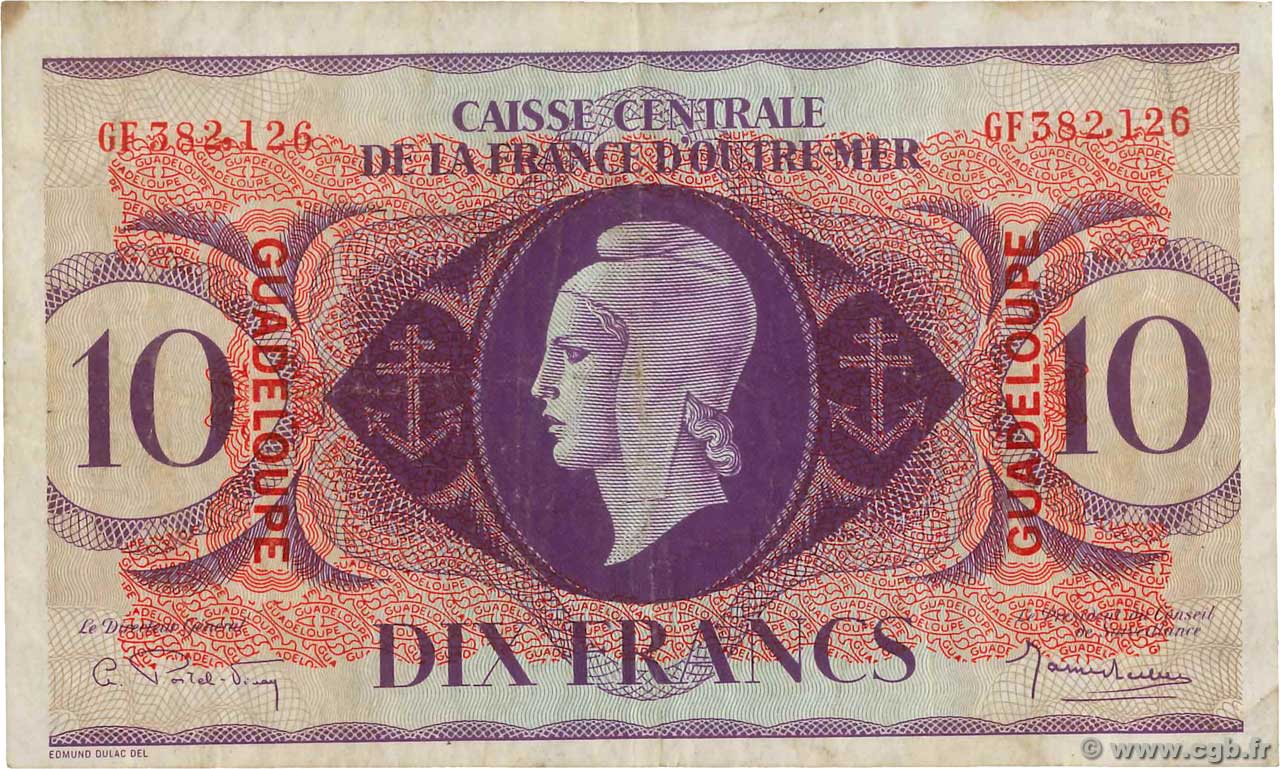 10 Francs GUADELOUPE  1944 P.27a F+