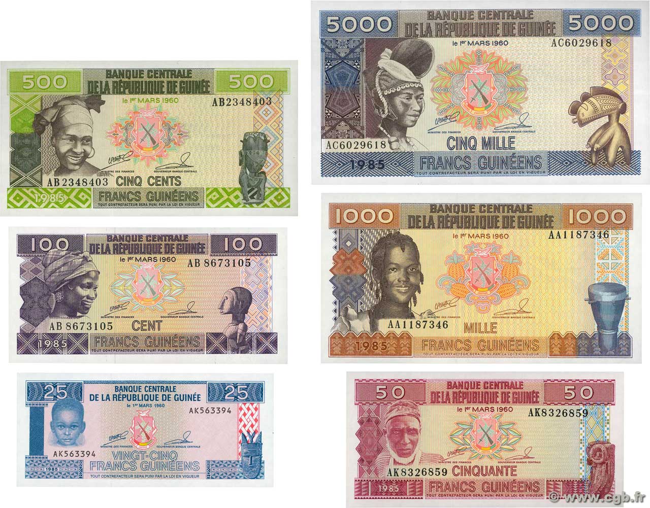 25 au 5000 Francs Guinéens Lot GUINEA  1985 P.28a au P.33a UNC