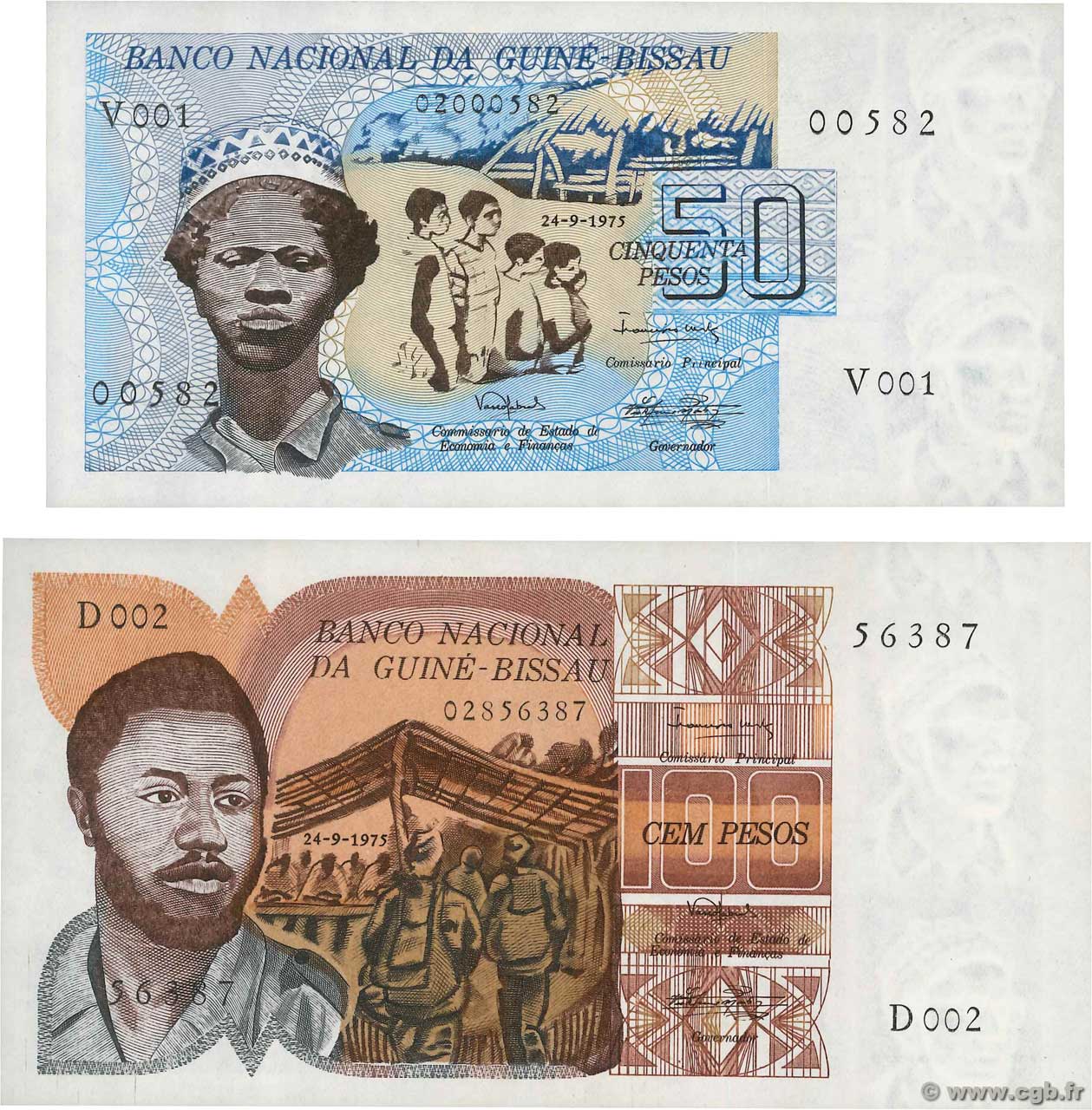 50 et 100 Pesos Lot GUINÉE BISSAU  1975 P.01a et P.02a NEUF