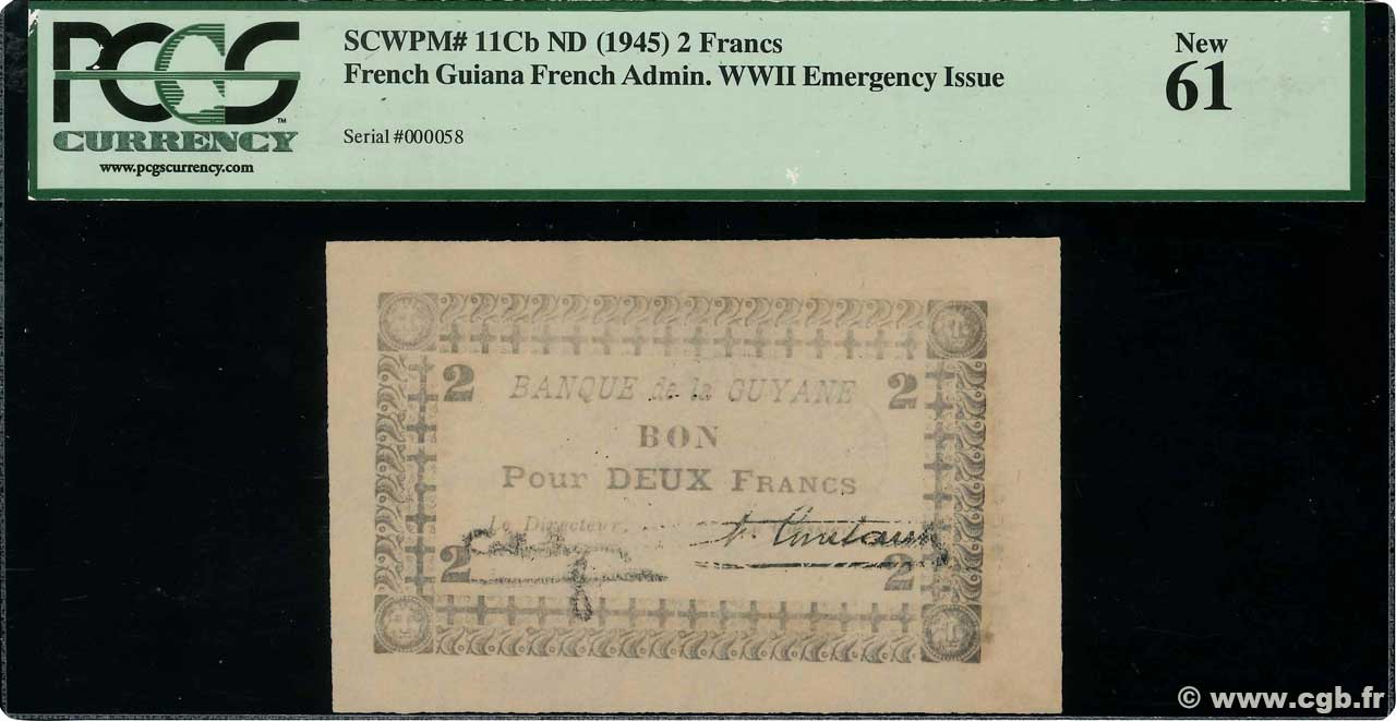 2 Francs Petit numéro GUYANE  1941 P.11Cb pr.NEUF
