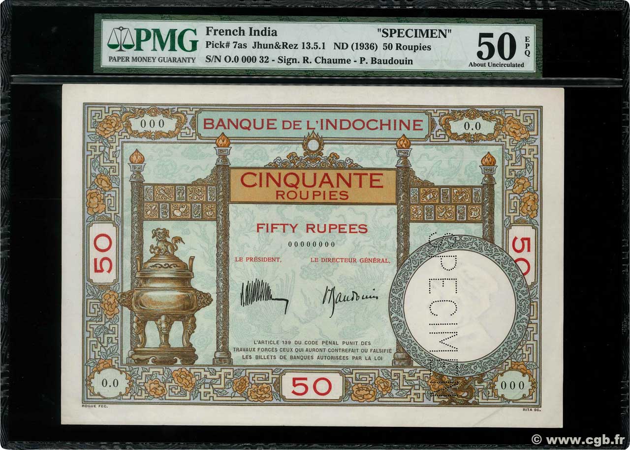 50 Roupies - 50 Rupees Spécimen INDIA FRANCESA  1936 P.07s SPL+