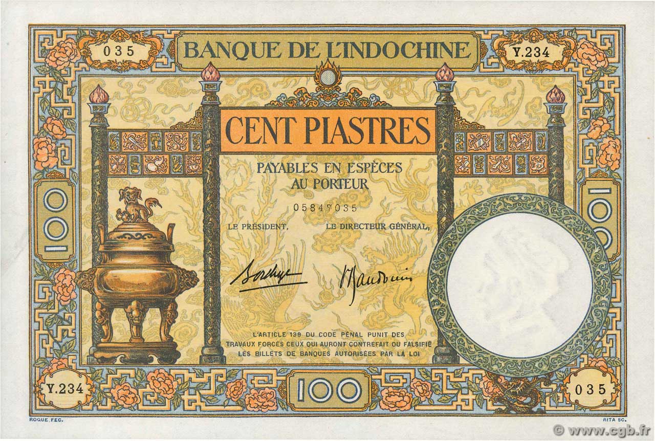 100 Piastres INDOCINA FRANCESE  1936 P.051d SPL