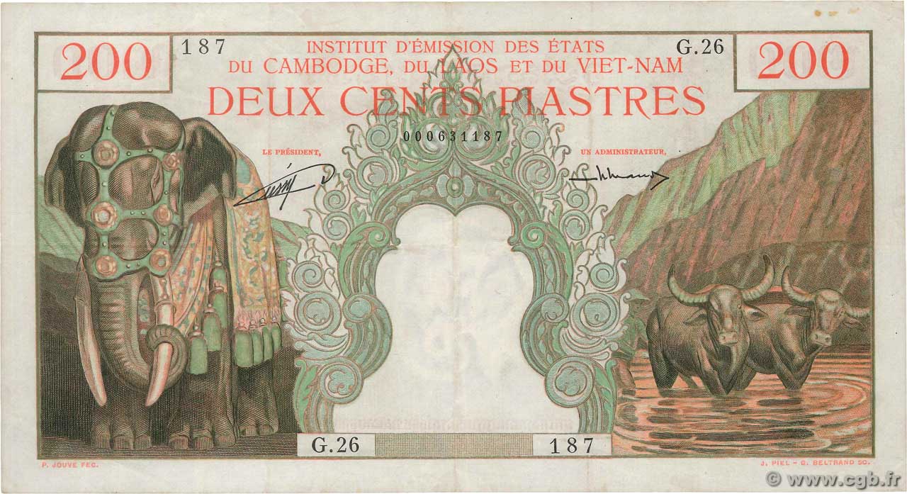 200 Piastres - 200 Riels INDOCHINE FRANÇAISE  1953 P.098 pr.TTB