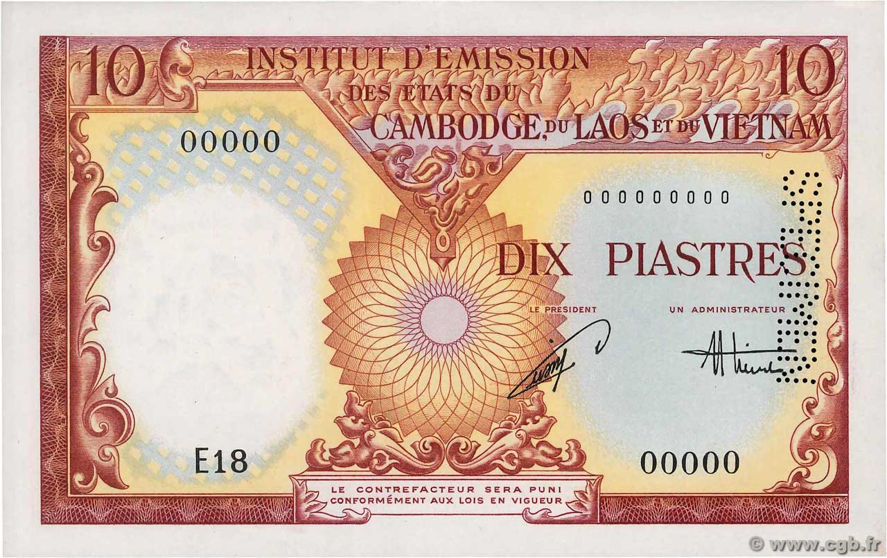 10 Piastres - 10 Dong Spécimen FRENCH INDOCHINA  1953 P.107s XF+