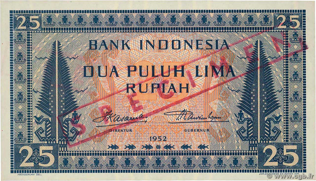 25 Rupiah Spécimen INDONESIA  1952 P.044as SC+