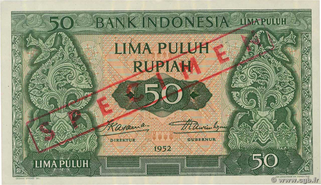 50 Rupiah Spécimen INDONESIA  1952 P.045s AU+