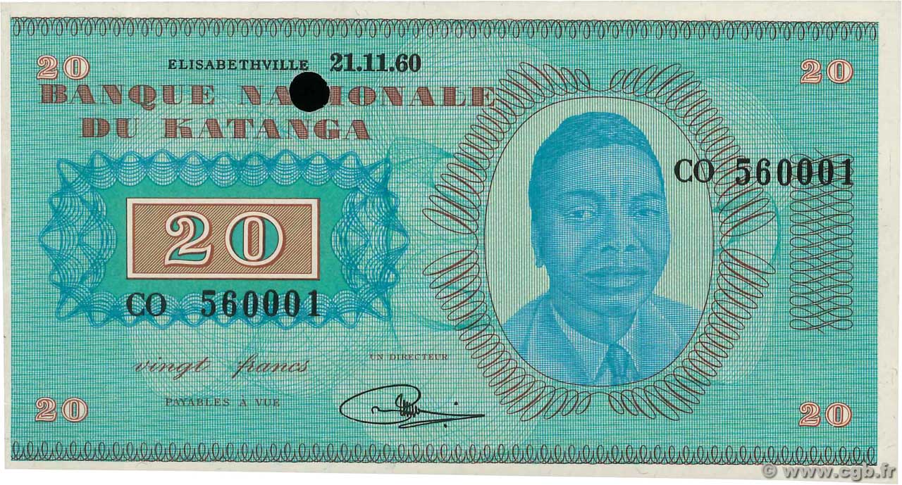 20 Francs Annulé KATANGA  1960 P.06a AU-