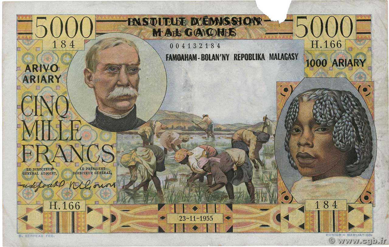 5000 Francs - 1000 Ariary MADAGASCAR  1955 P.055 B+