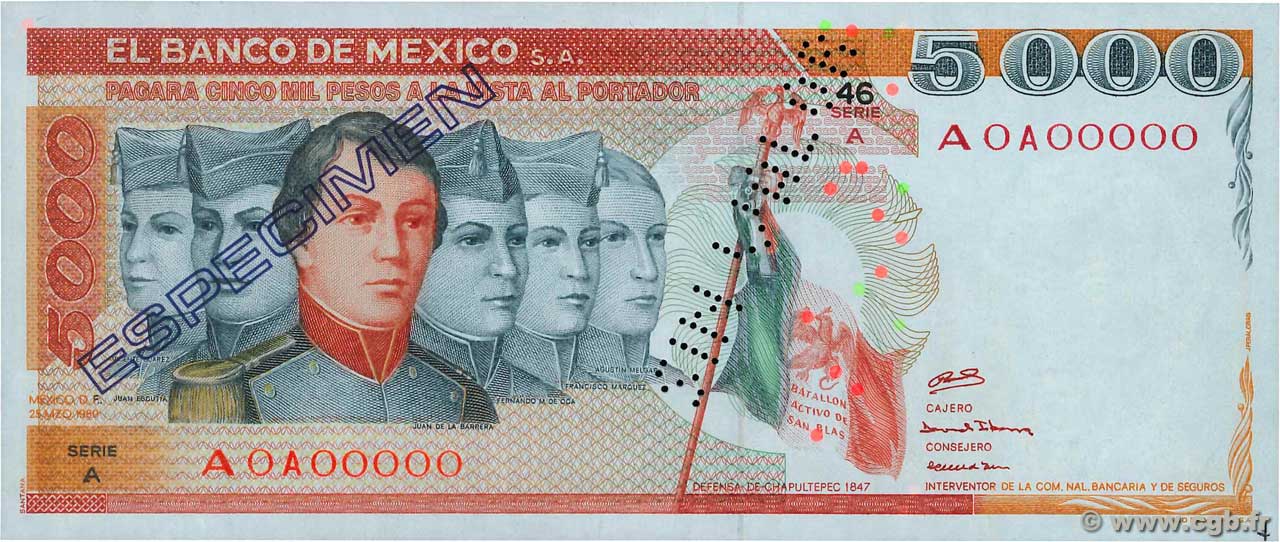 5000 Pesos Spécimen MEXICO  1980 P.071s fST+