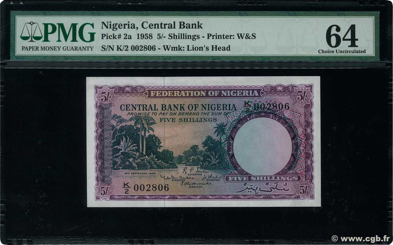 5 Shillings NIGERIA  1958 P.02a UNC-