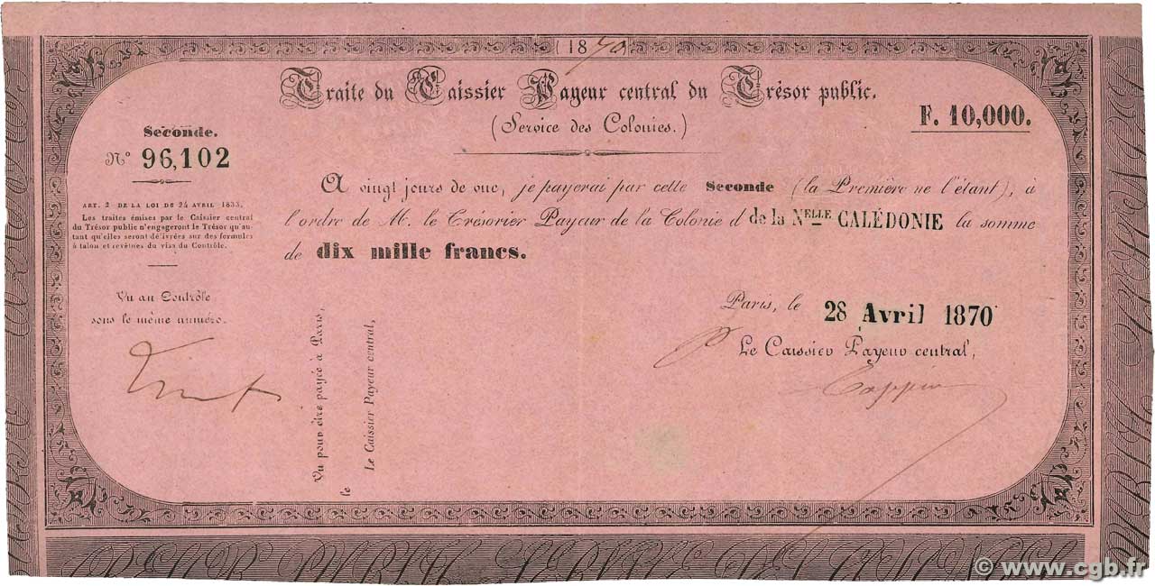 10000 Francs NOUVELLE CALÉDONIE  1870 Kol.86var SUP