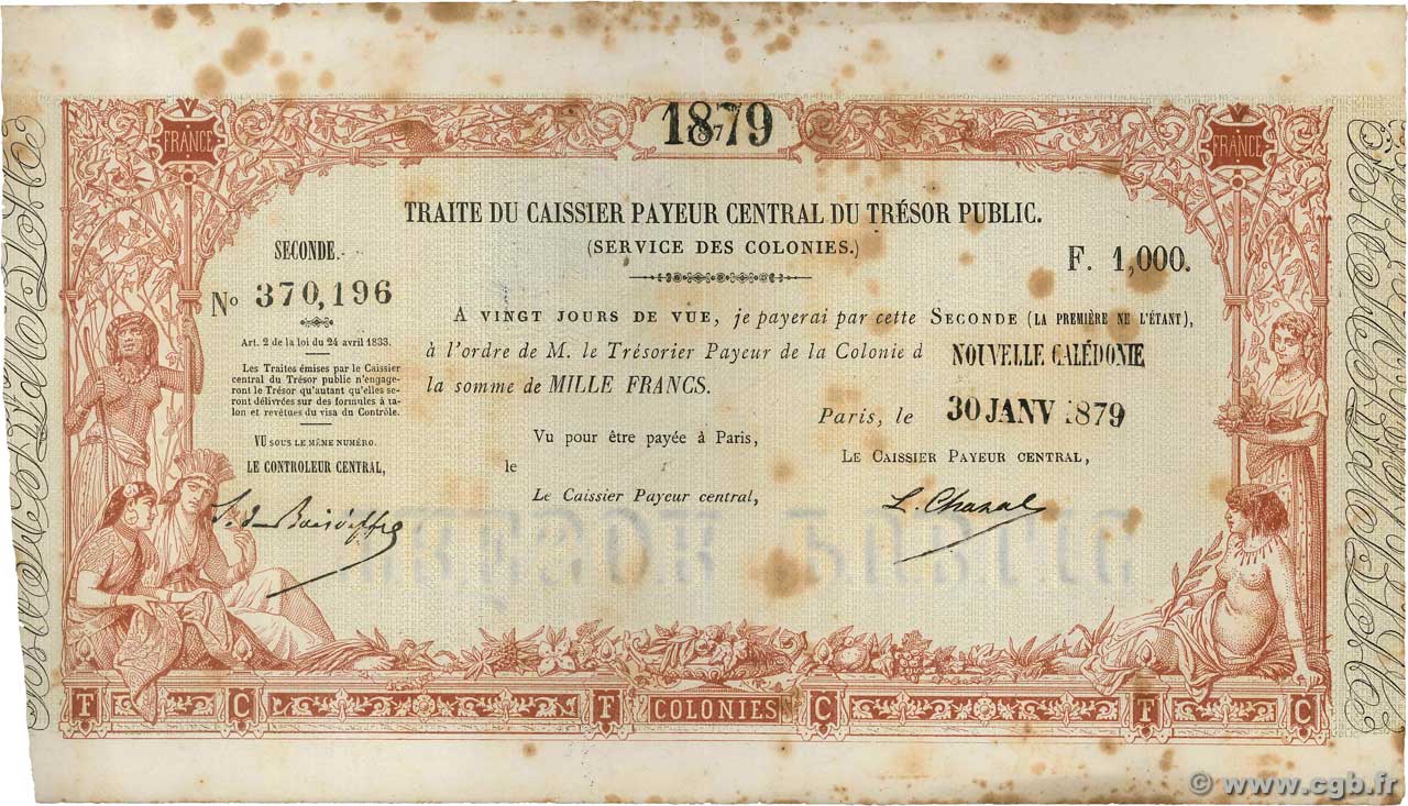 1000 Francs NOUVELLE CALÉDONIE  1879 Kol.94var SUP