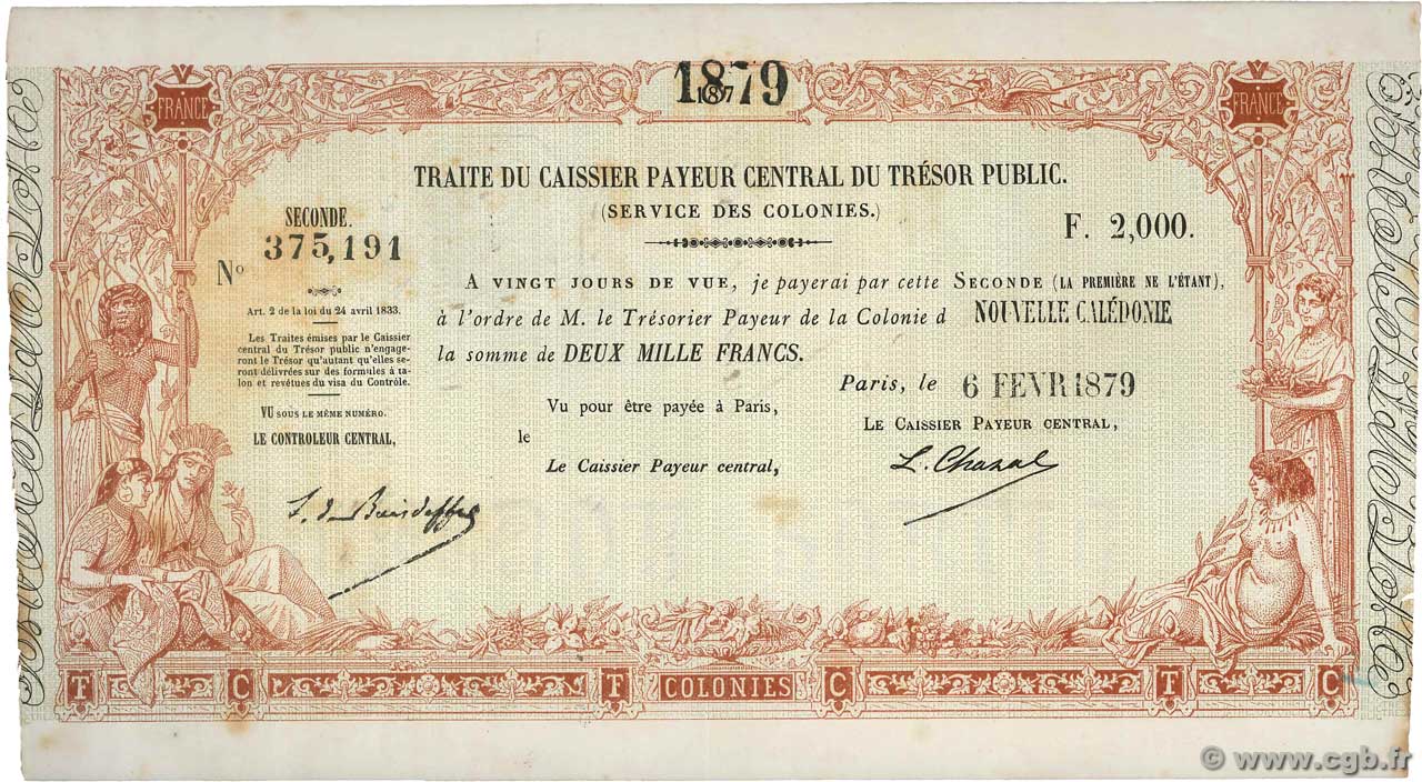 2000 Francs NEW CALEDONIA  1879 Kol.94var XF