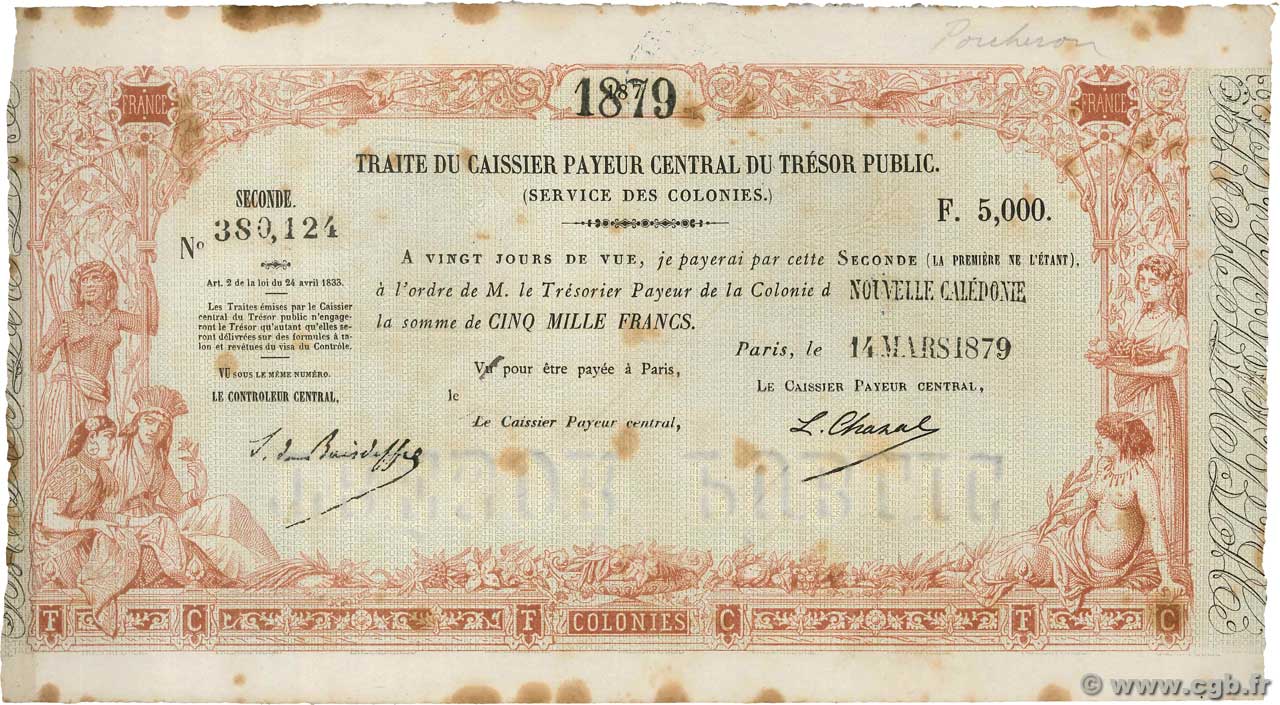 5000 Francs NOUVELLE CALÉDONIE  1879 Kol.94var SPL