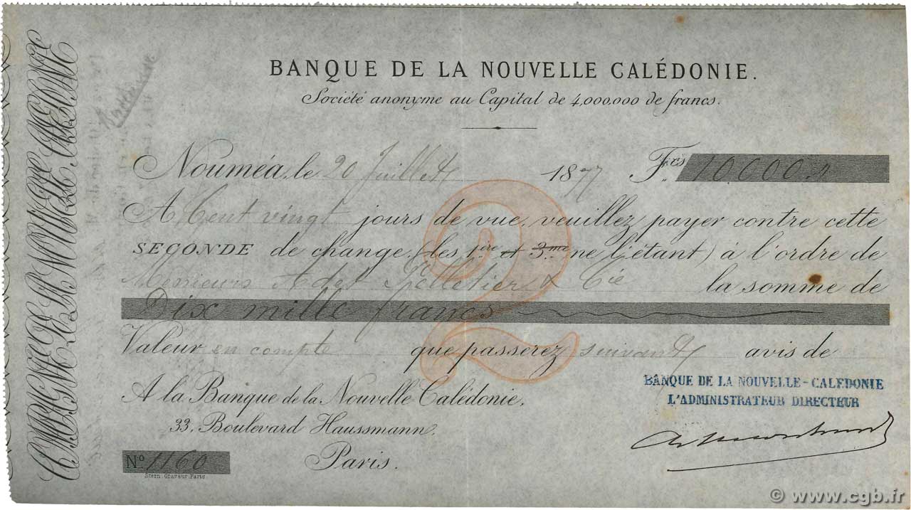 10000 Francs NOUVELLE CALÉDONIE Nouméa 1877 DOC.Lettre SUP