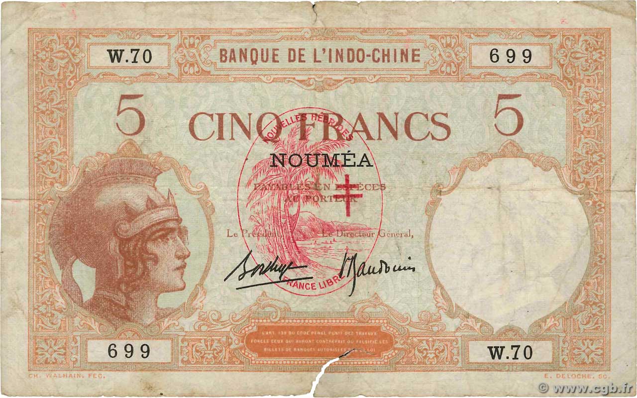 5 Francs NUEVAS HÉBRIDAS  1941 P.04b RC