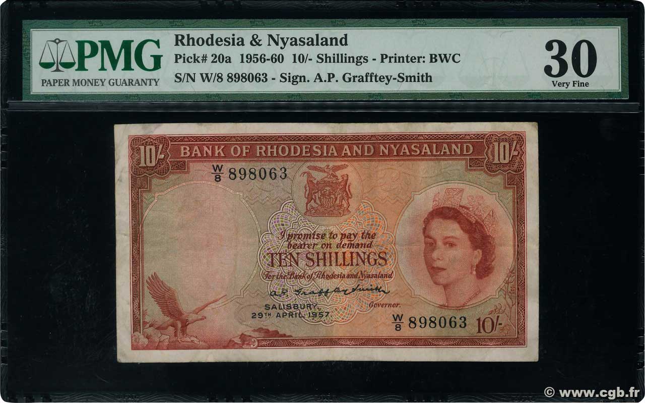 10 Shillings RHODESIA AND NYASALAND (Federation of)  1957 P.20a VF