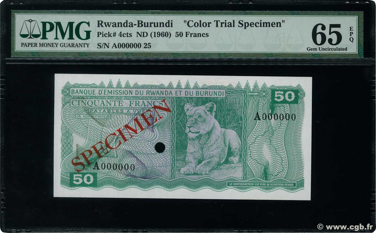 50 Francs Épreuve RWANDA BURUNDI  1960 P.04cts UNC
