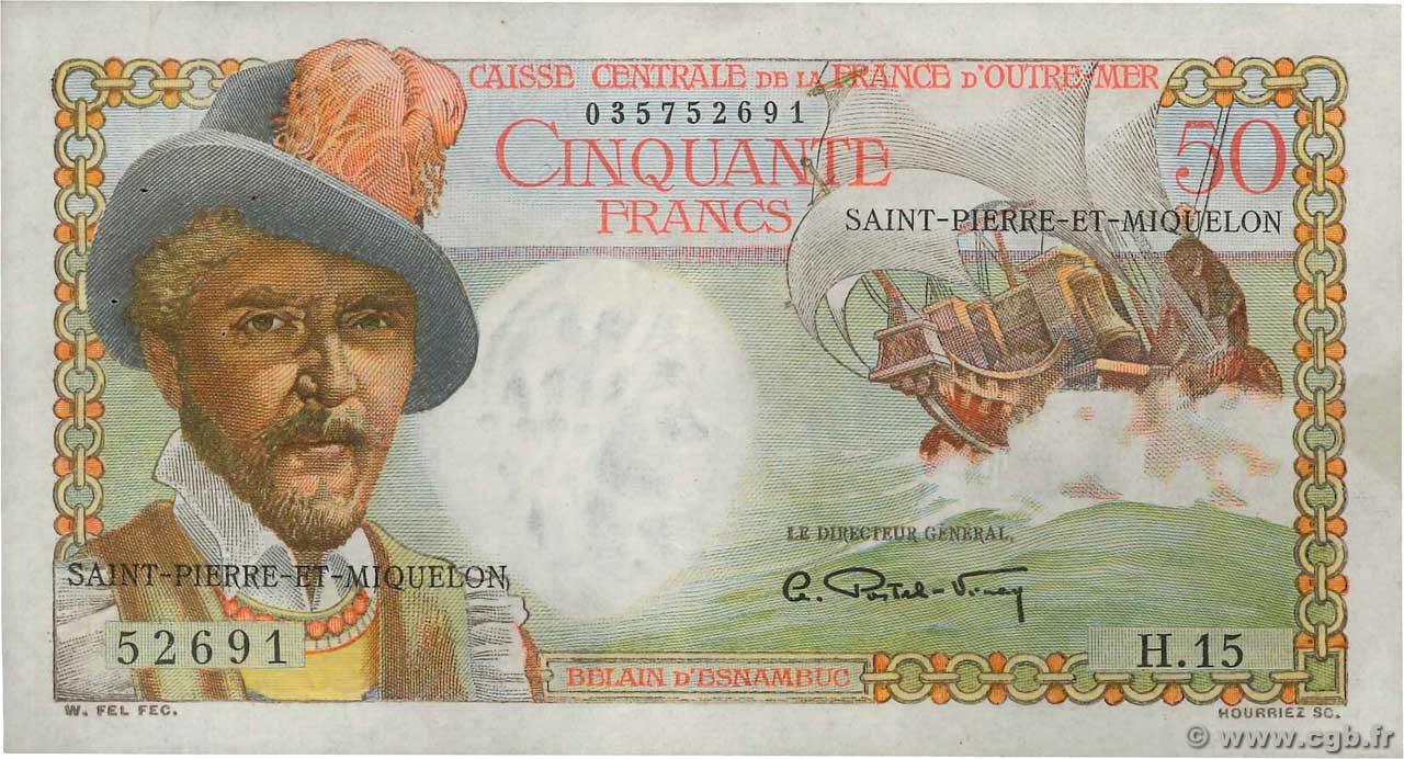 50 Francs Belain d Esnambuc SAN PEDRO Y MIGUELóN  1946 P.25 MBC+