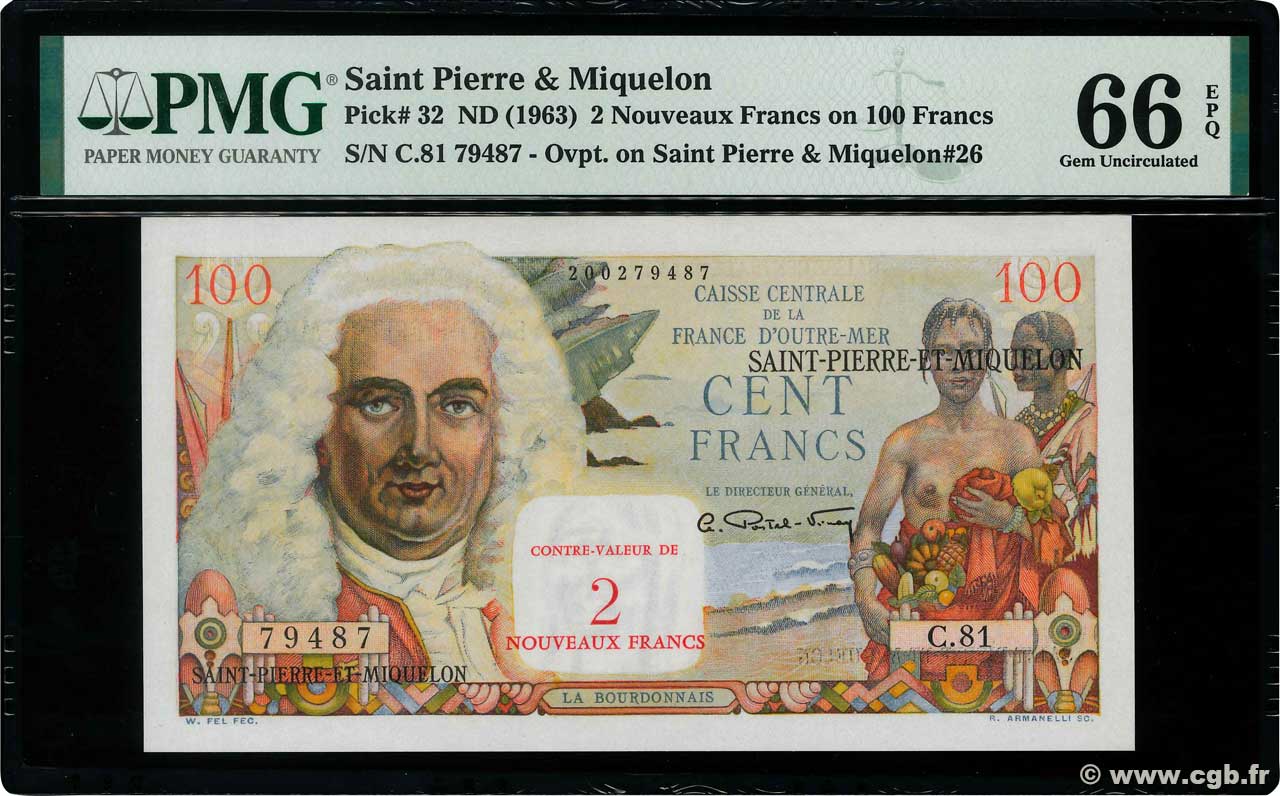 2 NF sur 100 Francs La Bourdonnais SAINT PIERRE E MIQUELON  1963 P.32 FDC