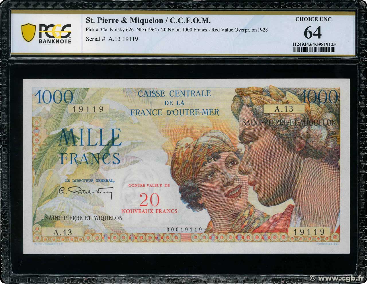 20 NF sur 1000 Francs Union Française SAN PEDRO Y MIGUELóN  1964 P.34a FDC