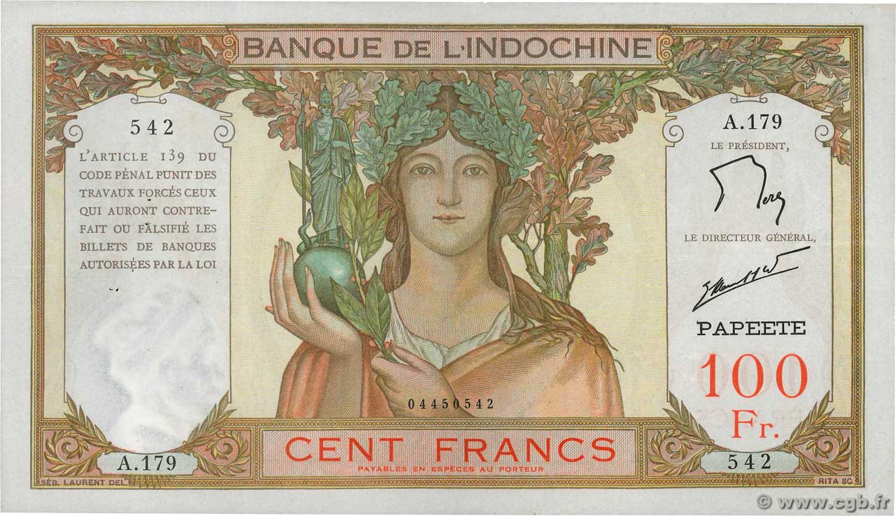 100 Francs TAHITI  1961 P.14d VF+