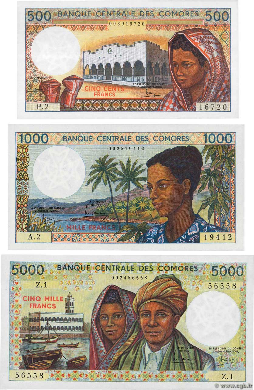 500, 1000 et 5000 Francs Lot COMORE  1984 P.10a, P.11a et P.12a FDC