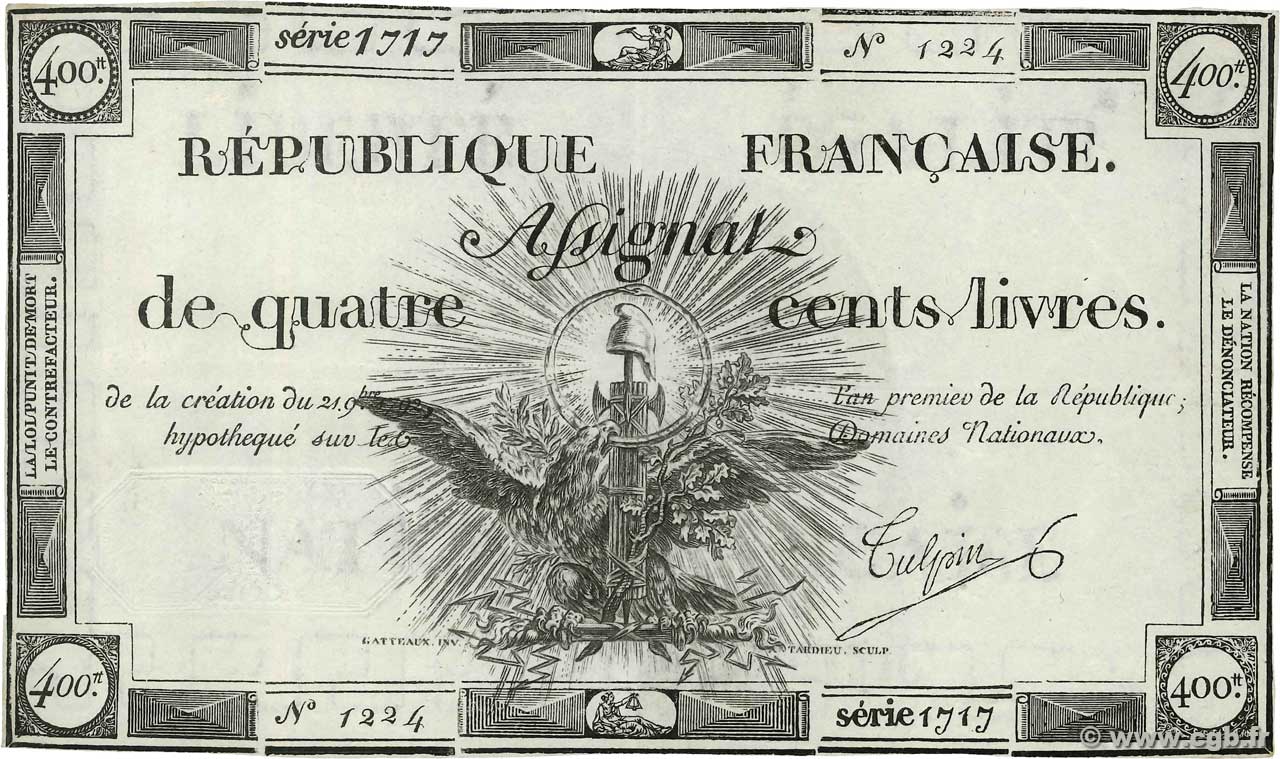 400 Livres FRANKREICH  1792 Ass.38a fVZ