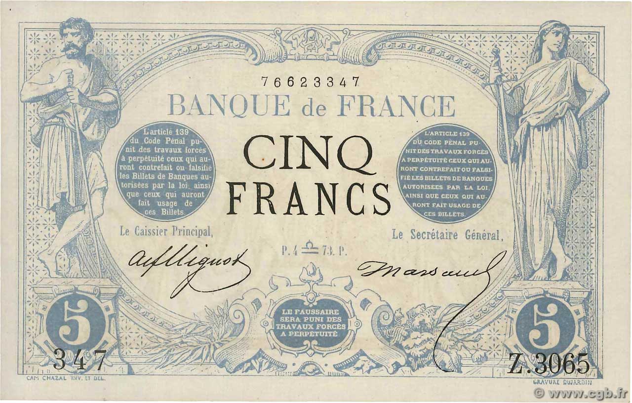 5 Francs NOIR FRANCE  1873 F.01.22 UNC-