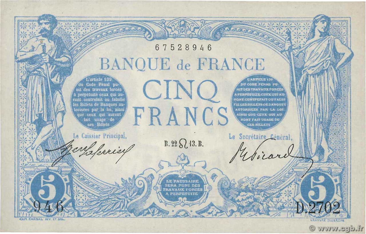 5 Francs BLEU FRANKREICH  1913 F.02.19 fST+