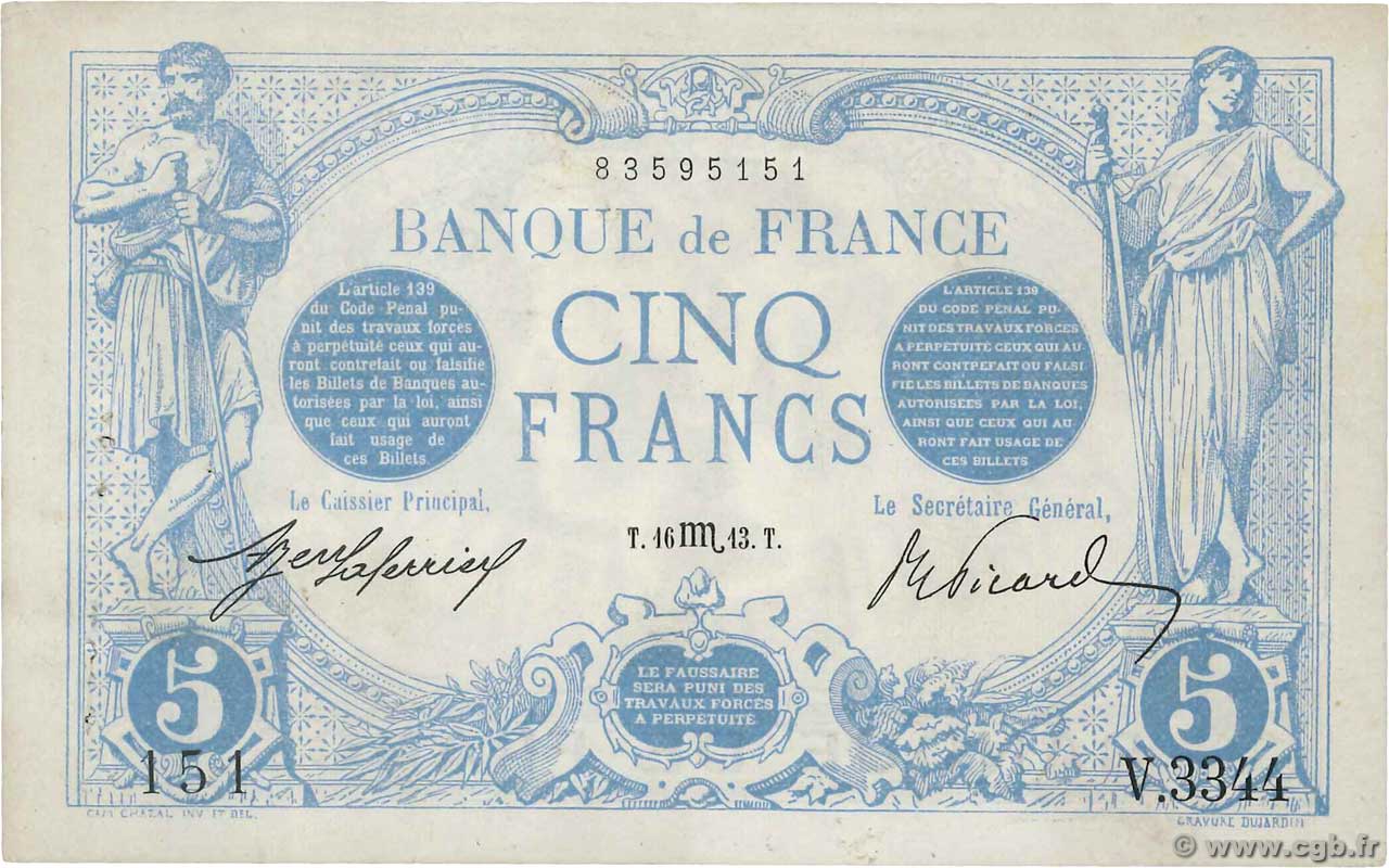 5 Francs BLEU FRANKREICH  1913 F.02.21 VZ+