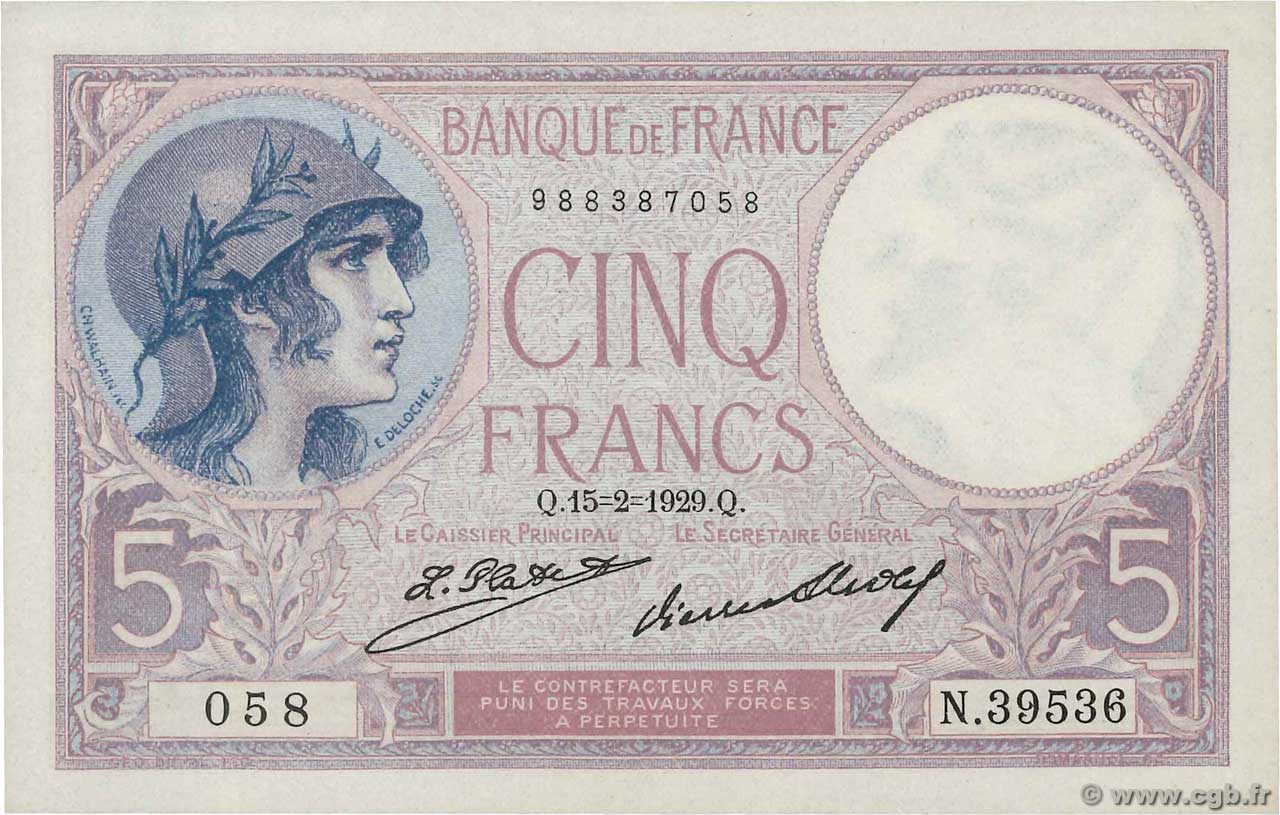 5 Francs FEMME CASQUÉE FRANCE  1929 F.03.13 NEUF