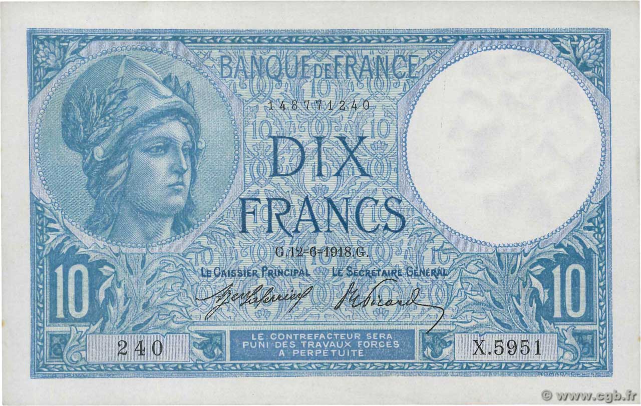 10 Francs MINERVE FRANKREICH  1918 F.06.03 fST+